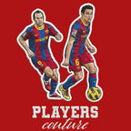 Iniesta & Xavi Badge Men's T-Shirt – red close-up detail shot of the Iniesta & Xavi Players Couture logo design