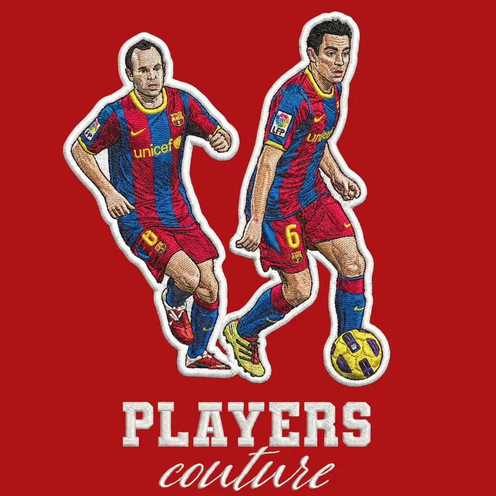 Iniesta & Xavi Badge Men's Hoodie – close-up detail shot of the Iniesta & Xavi Players Couture logo design