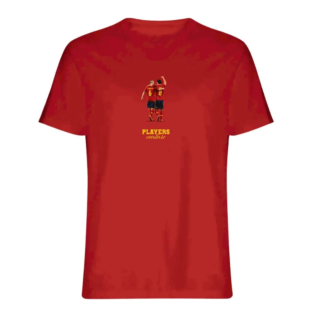 Iniesta & Xavi Icon t-shirt – red men's t-shirt with white Iniesta & Xavi Icon letters and Players Couture logo on the chest