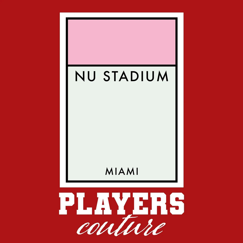 Inter Miami Monopoly Card hoodie – red men's hoodie with white Inter Miami Monopoly Card letters and Players Couture logo on