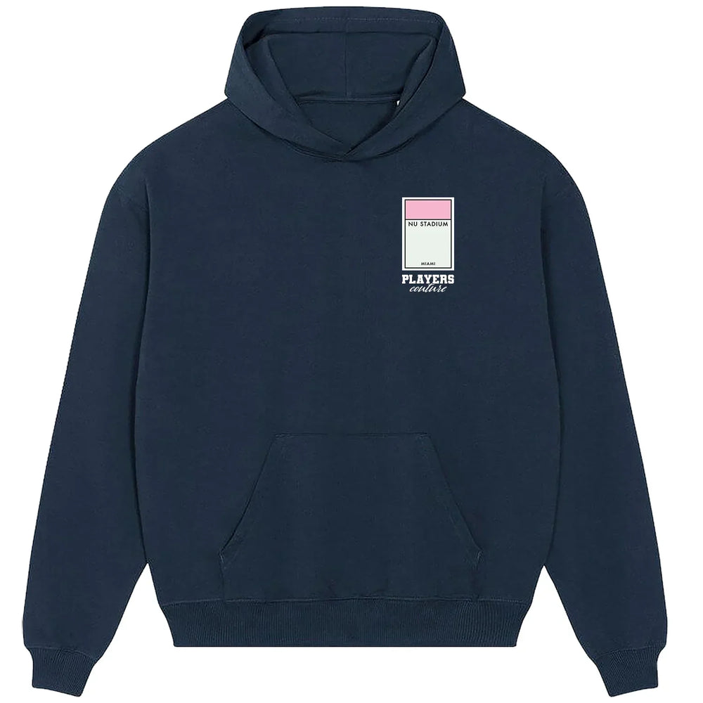 Inter Miami Monopoly Card hoodie – red men's hoodie with white Inter Miami Monopoly Card letters and Players Couture logo on
