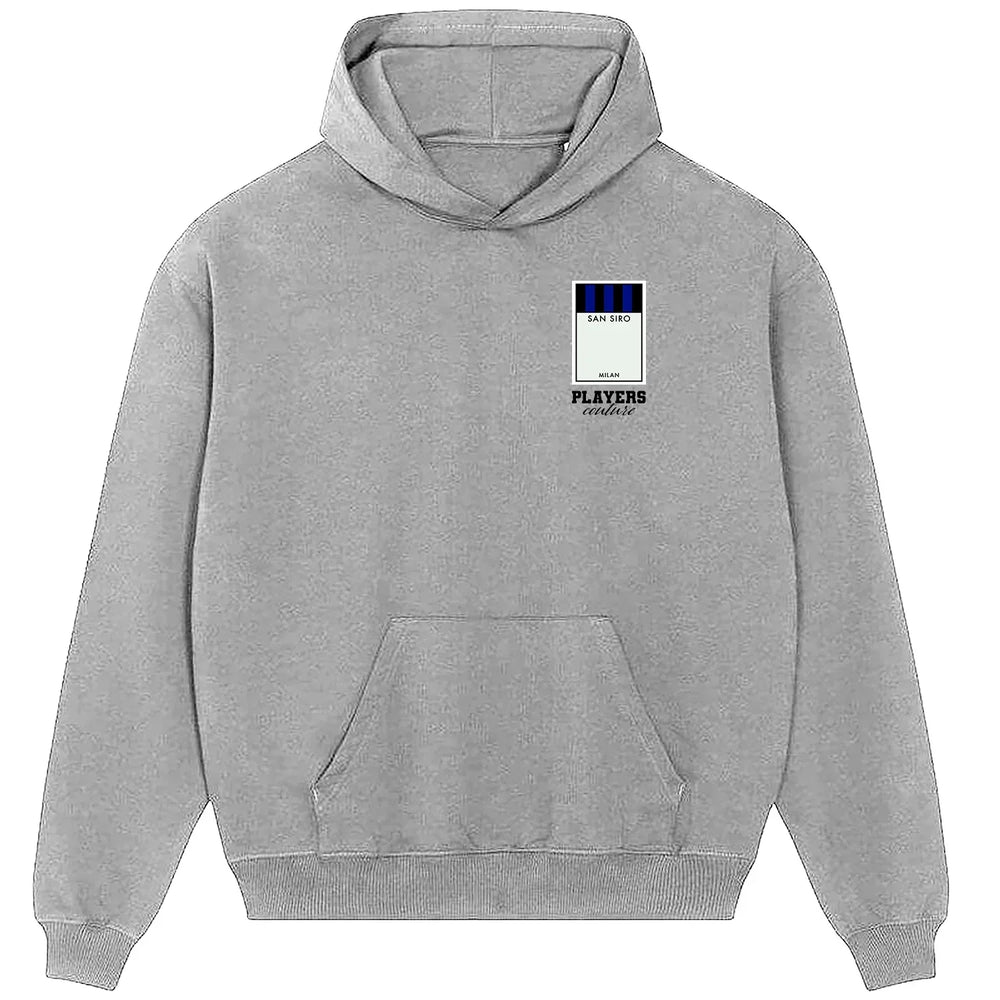Inter Milan Monopoly Card hoodie – close-up of white Inter Milan Monopoly Card lettering and Players Couture logo on the