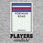 Ipswich Town Monopoly Card hoodie – grey men's hoodie with black Ipswich Town Monopoly Card letters and Players Couture logo