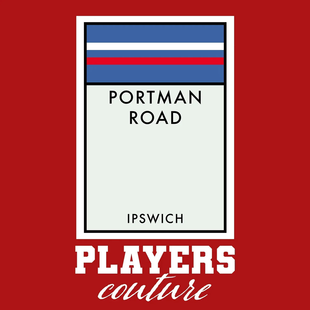 Ipswich Town Monopoly Card hoodie – red men's hoodie with white Ipswich Town Monopoly Card letters and Players Couture logo