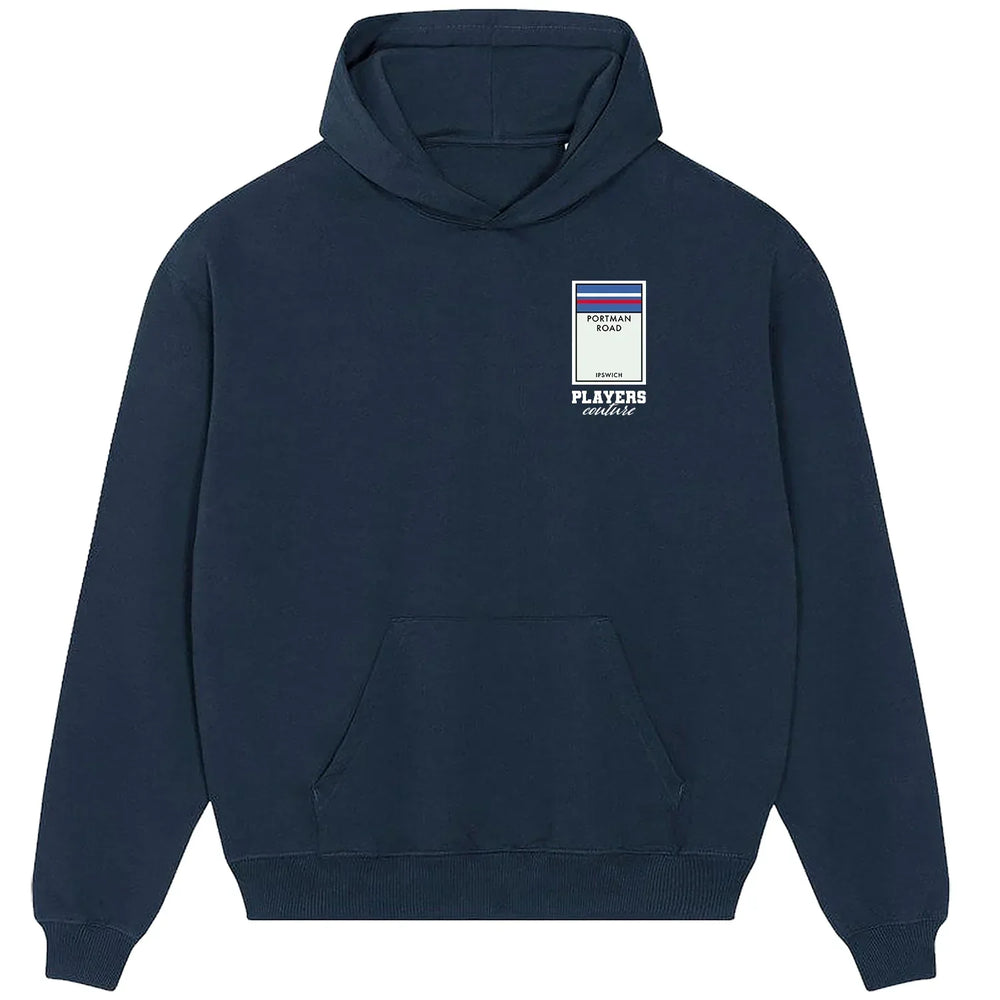 Ipswich Town Monopoly Card hoodie – red men's hoodie with white Ipswich Town Monopoly Card letters and Players Couture logo