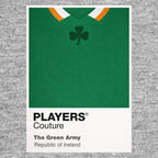Ireland Classic Football Shirt Colours Frame Men's T-Shirt – grey close-up detail shot of the Ireland Players Couture logo