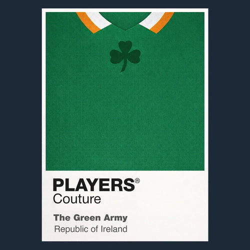 Ireland Classic Football Shirt Colours Frame Men's T-Shirt – navy close-up detail shot of the Ireland Players Couture logo