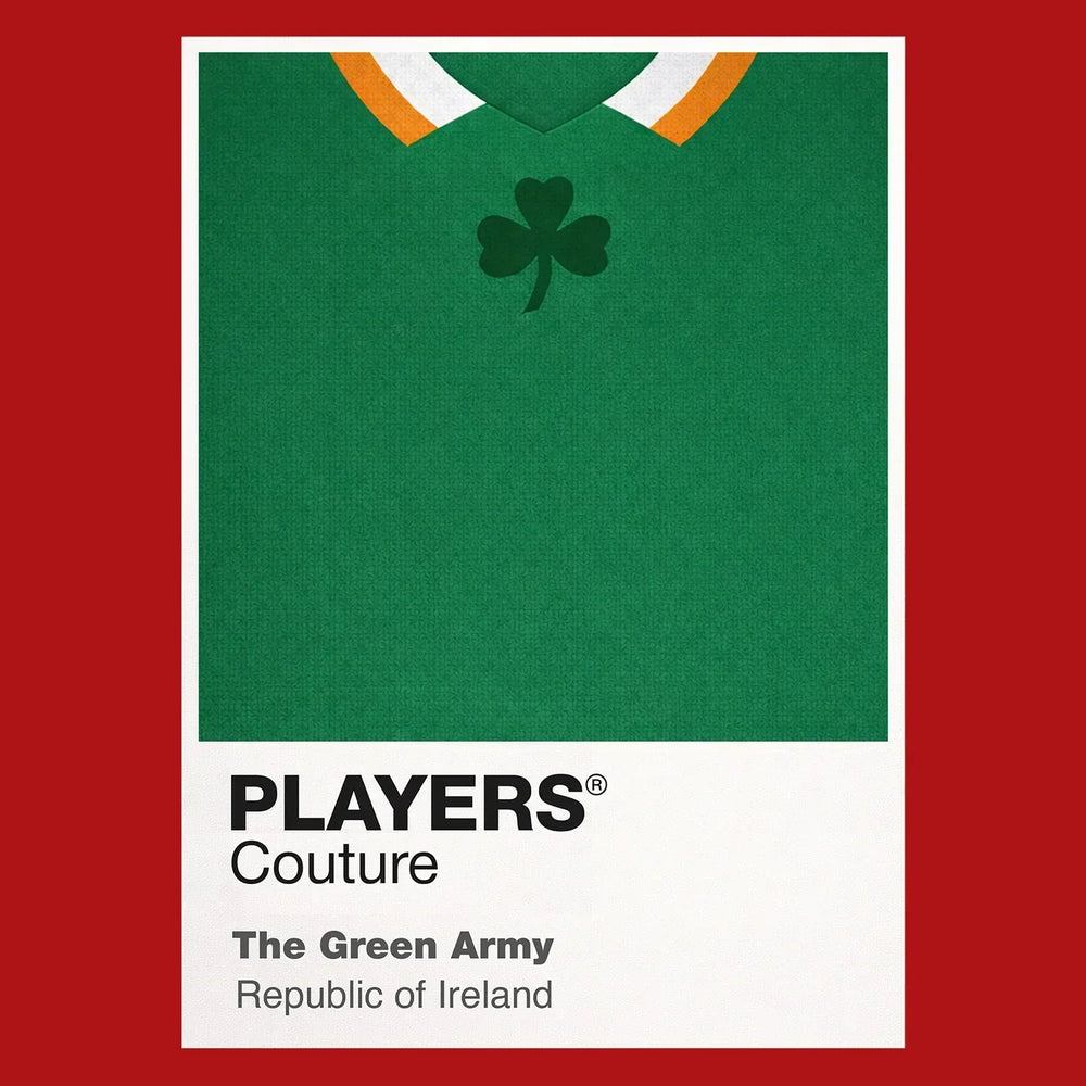 Ireland Classic Football Shirt Colours Frame Men's T-Shirt – red close-up detail shot of the Ireland Players Couture logo
