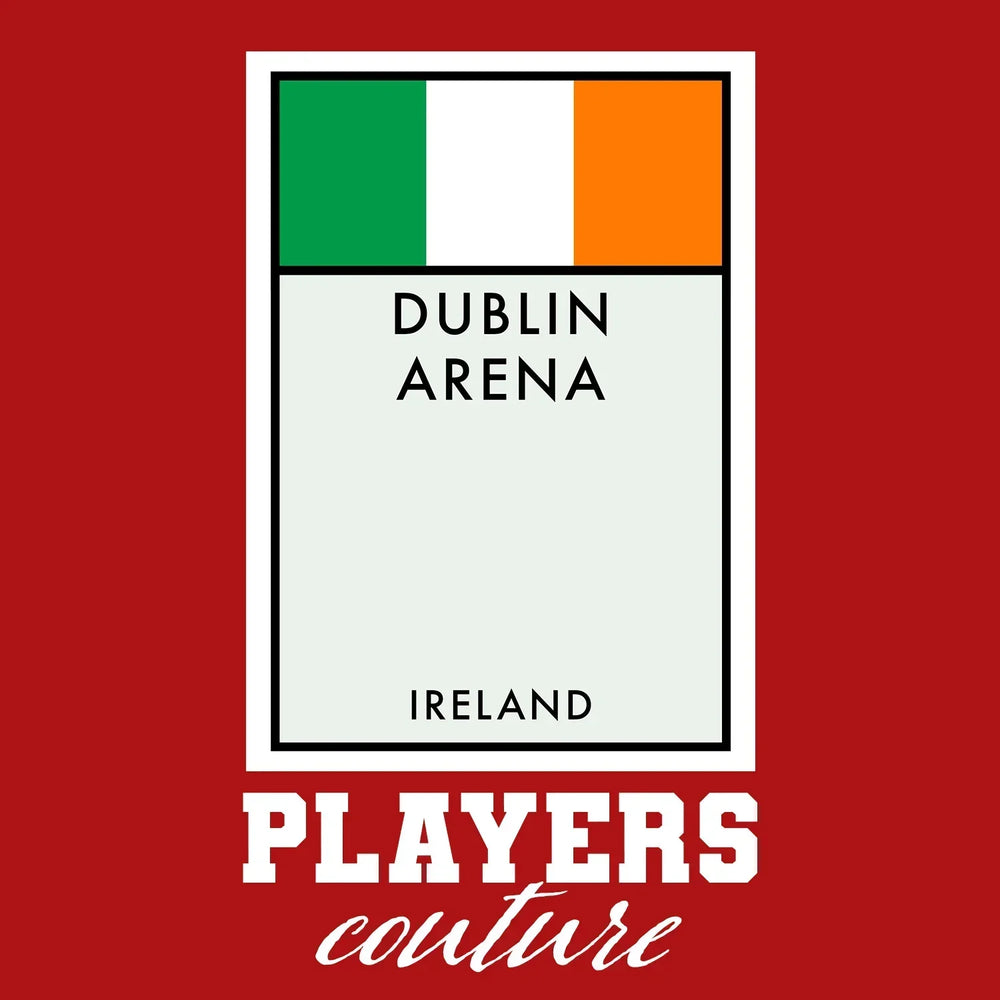 Ireland Monopoly Card hoodie – red men's hoodie with white Ireland Monopoly Card letters and Players Couture logo on the