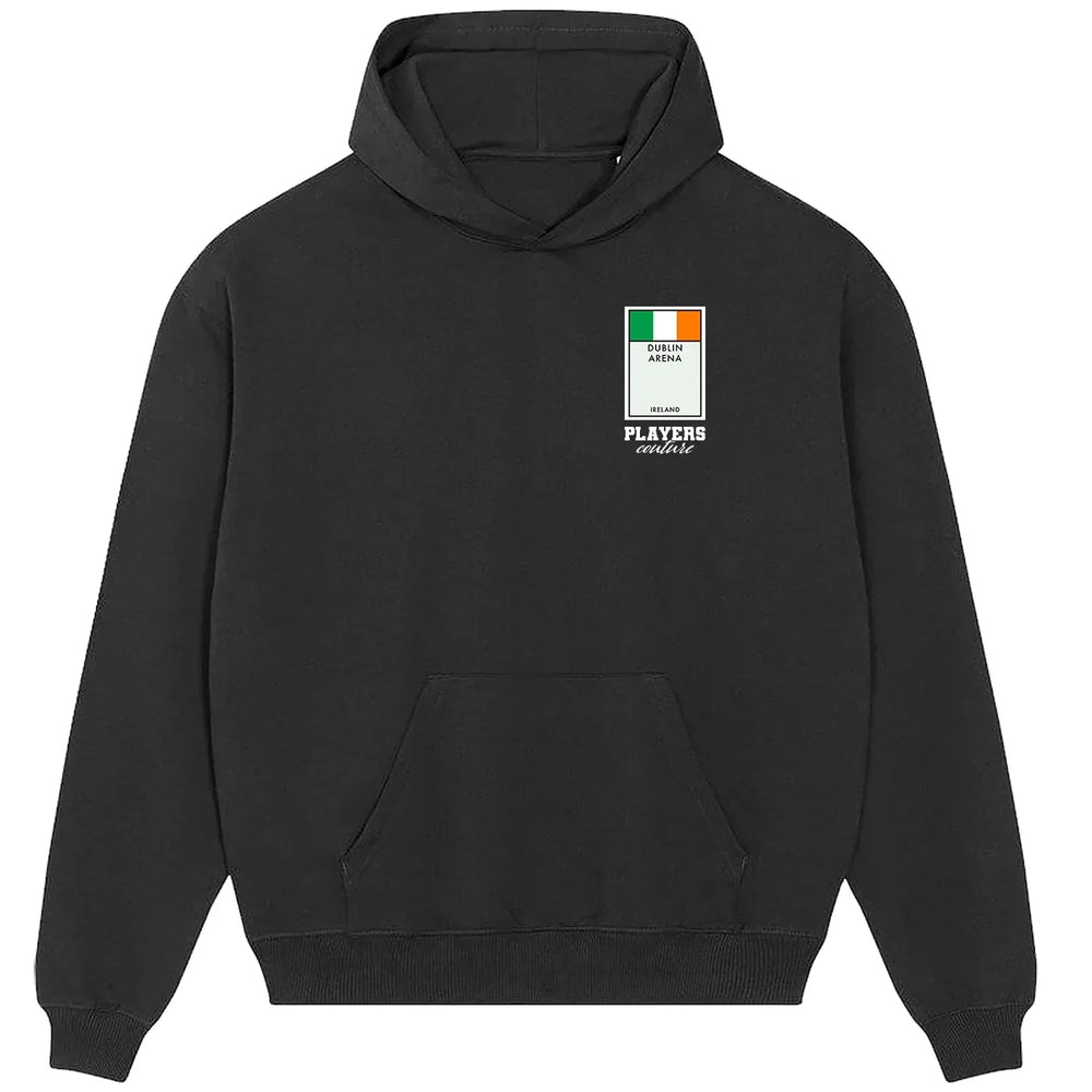 Ireland Monopoly Card hoodie – grey men's hoodie with black Ireland Monopoly Card letters and Players Couture logo on the