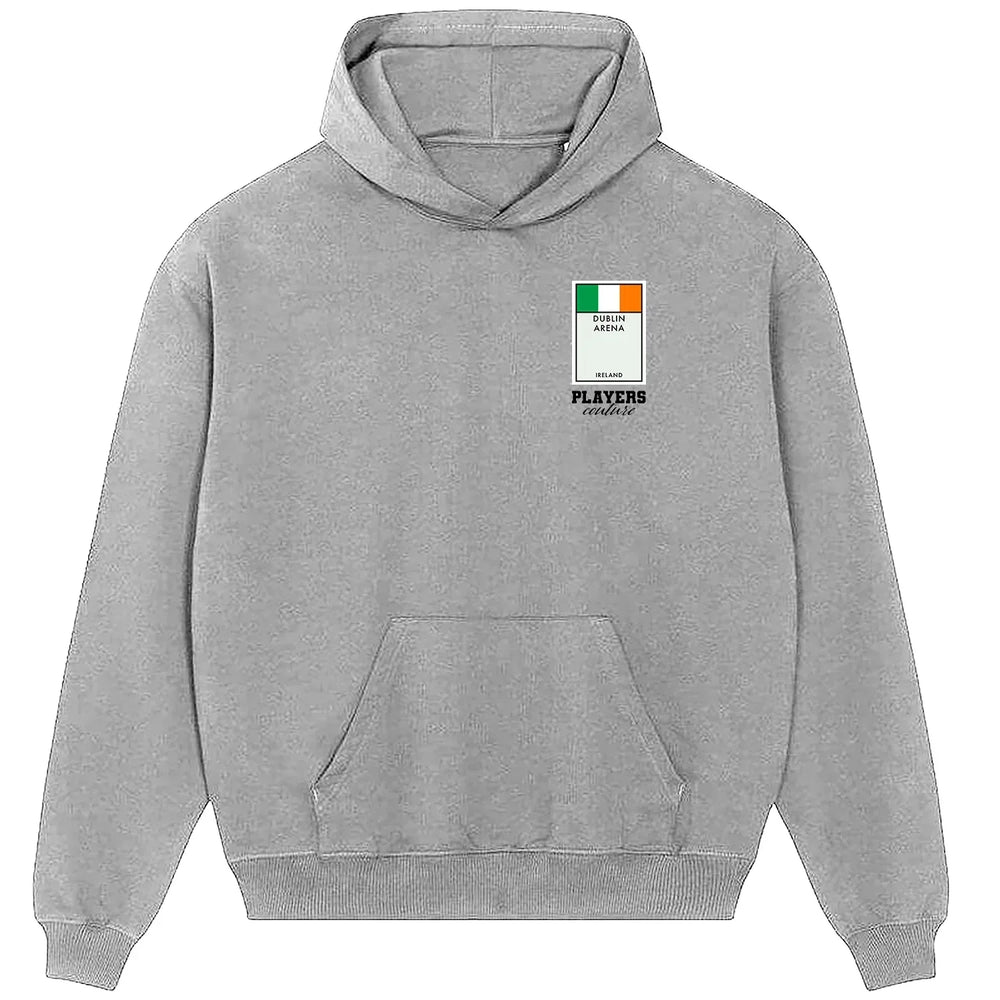Ireland Monopoly Card hoodie – close-up of white Ireland Monopoly Card lettering and Players Couture logo on the chest