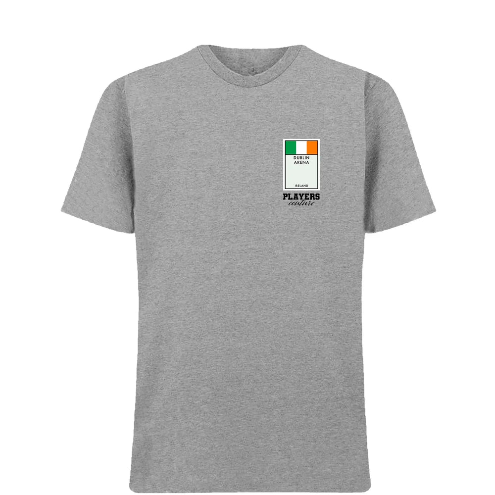 Ireland Monopoly Card t-shirt – close-up of white Ireland Monopoly Card lettering and Players Couture logo on the chest