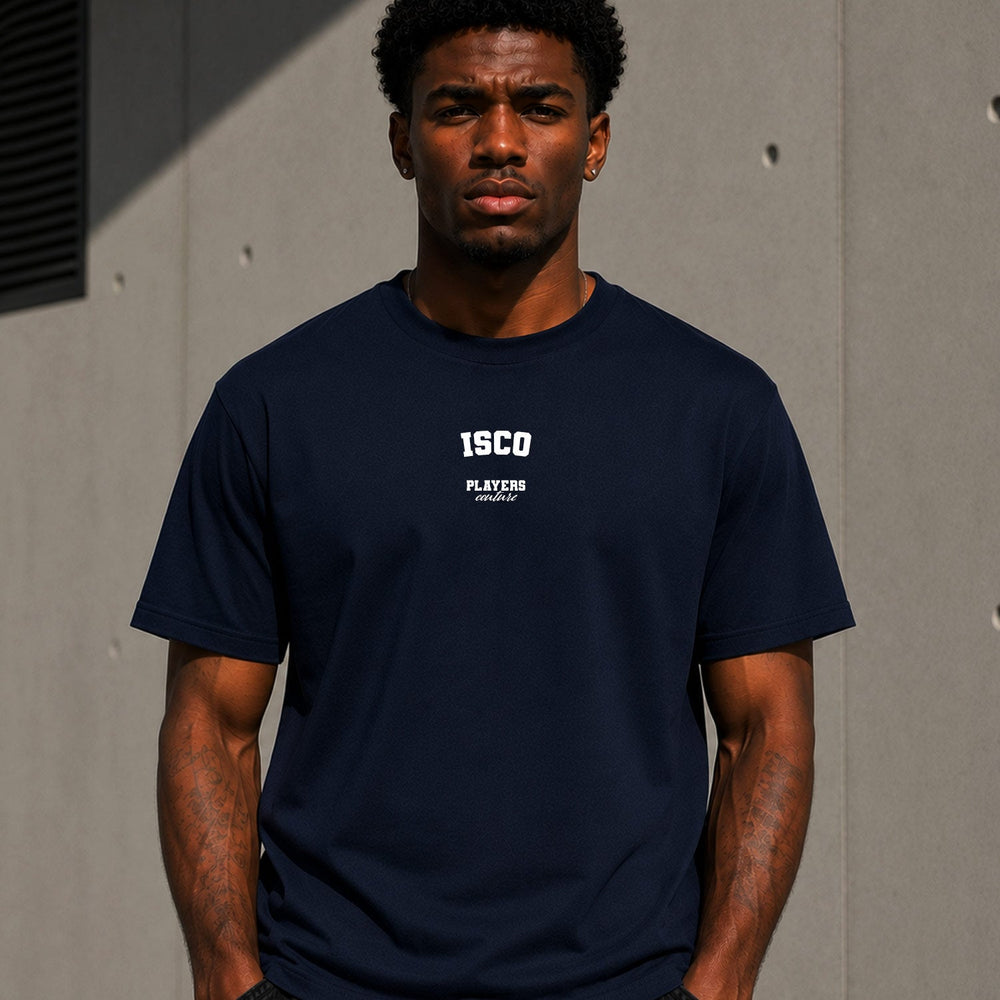 Isco Men's T-Shirt — lifestyle photo, Navy t-shirt
