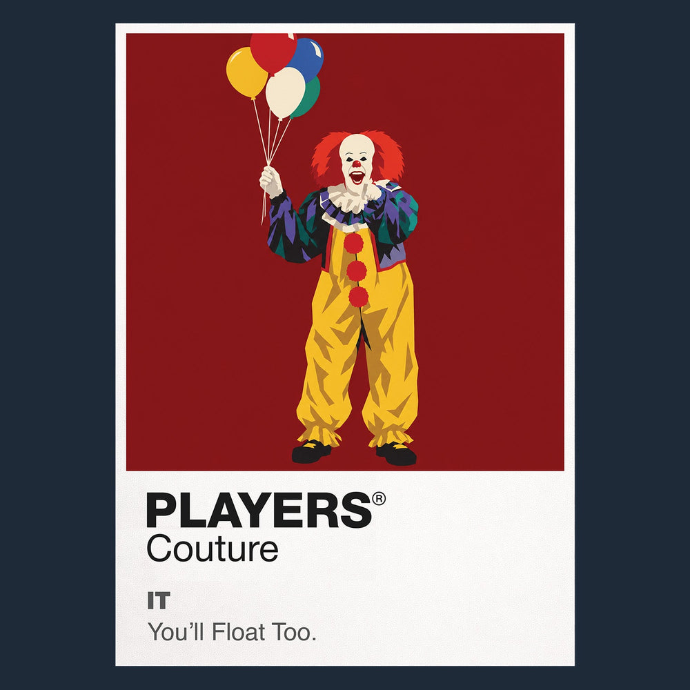IT 1990 Tim Curry's Pennywise holding a red balloon beneath the streets of Derry Icon Frame artwork in navy