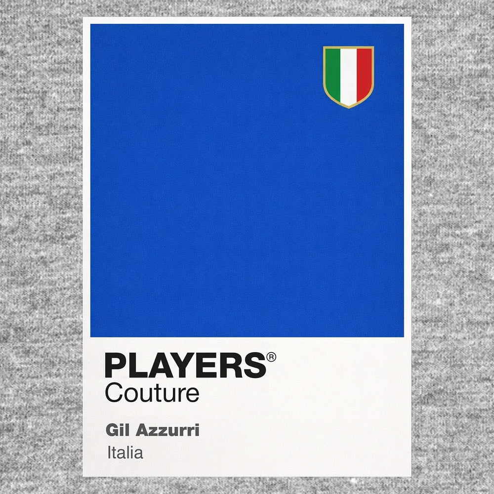 Italy Classic Football Shirt Colours Frame Men's T-Shirt – grey close-up detail shot of the Italy Players Couture logo design