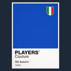 Italy Classic Football Shirt Colours Frame Men's T-Shirt – navy close-up detail shot of the Italy Players Couture logo design