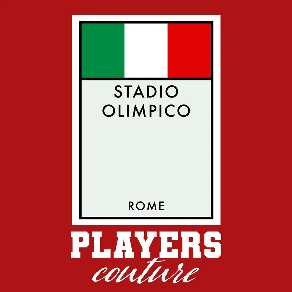 Italy Monopoly Card hoodie – red men's hoodie with white Italy Monopoly Card letters and Players Couture logo on the chest