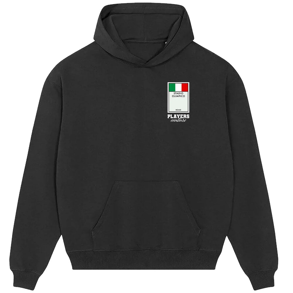 Italy Monopoly Card hoodie – close-up of white Italy Monopoly Card lettering and Players Couture logo on the chest