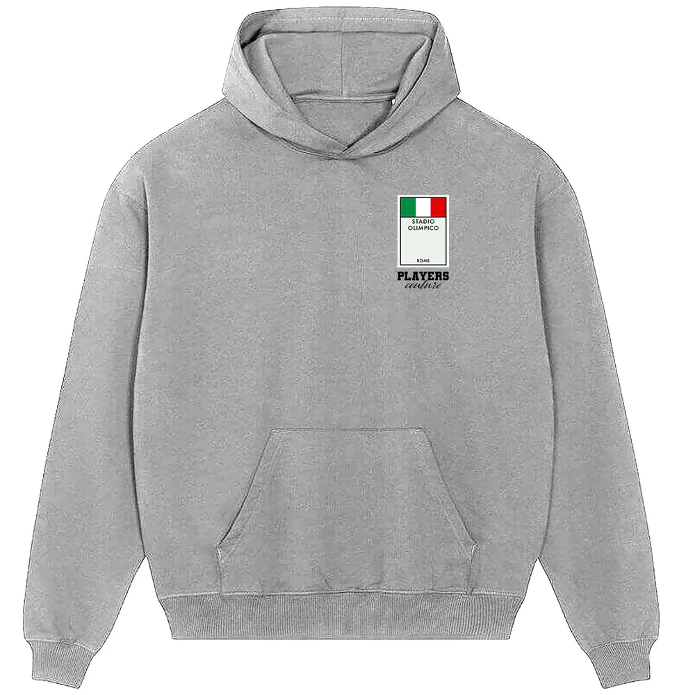 Italy Monopoly Card hoodie – close-up of white Italy Monopoly Card lettering and Players Couture logo on the chest