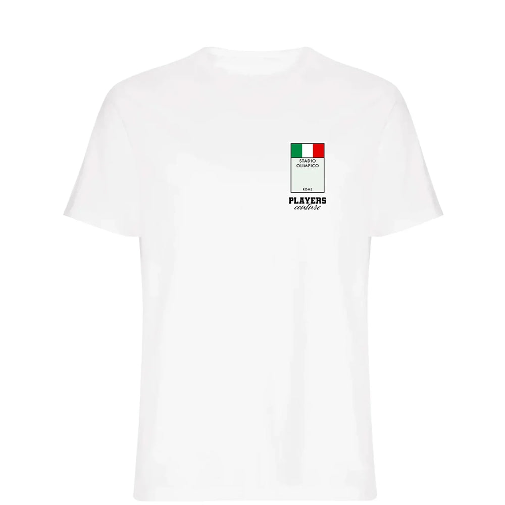 Italy Monopoly Card t-shirt – navy men's t-shirt with white Italy Monopoly Card letters and Players Couture logo on the chest