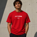 J.H. Klaebo Men's T-Shirt — lifestyle photo, Red t-shirt