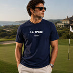 J.J. Spaun Men's T-Shirt — lifestyle photo, Navy t-shirt