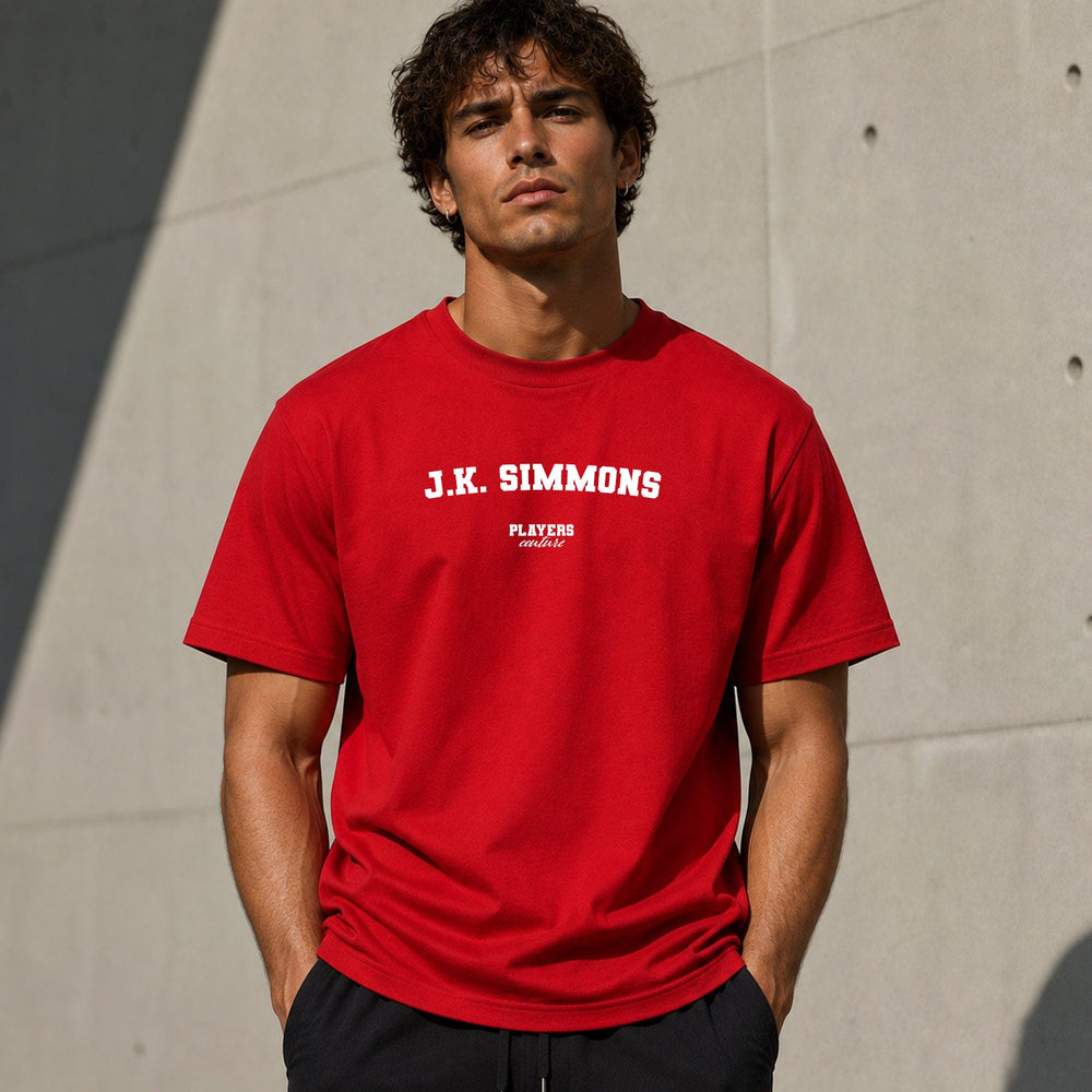 J. K. Simmons red men's T-shirt lifestyle photograph 5