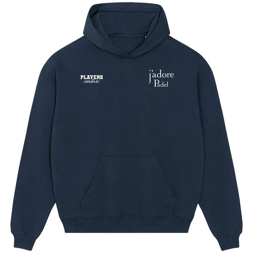 J'Adore Padel hoodie – navy men's hoodie featuring the J'Adore Padel Players Couture logo