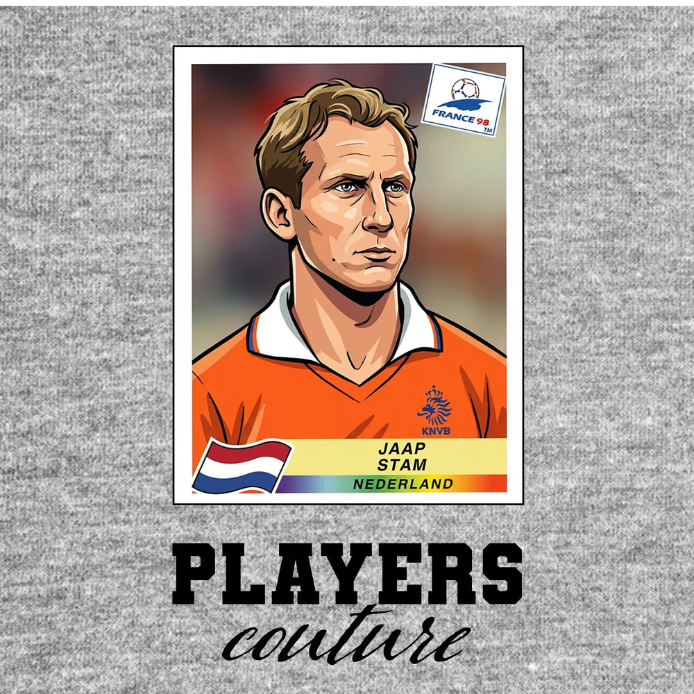 Jaap Stam World Cup Sticker Men's T-Shirt – grey close-up detail shot of the Jaap Stam World Cup Players Couture logo design