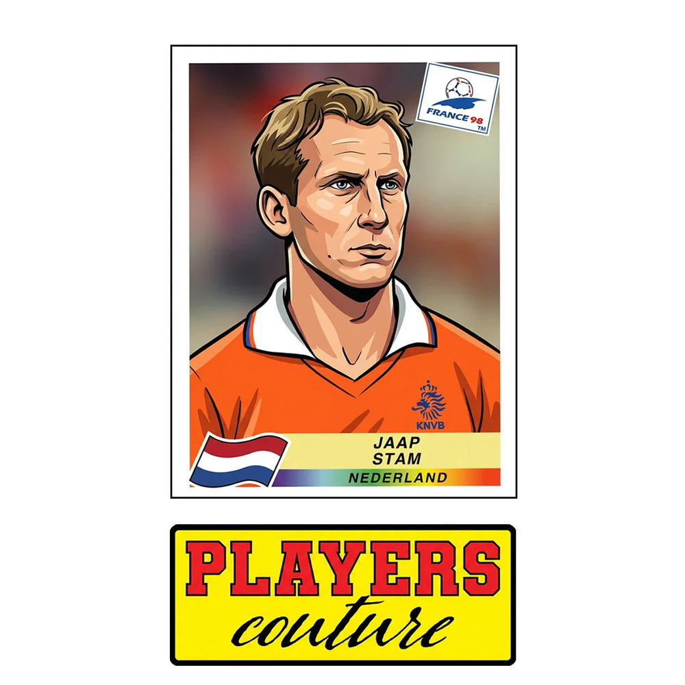 Jaap Stam World Cup Sticker Men's T-Shirt – close-up detail shot of the Jaap Stam World Cup Players Couture logo design