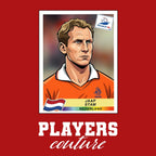 Jaap Stam World Cup Sticker Men's T-Shirt – red close-up detail shot of the Jaap Stam World Cup Players Couture logo design