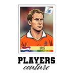 Jaap Stam World Cup Sticker Men's T-Shirt – white close-up detail shot of the Jaap Stam Players Couture logo design