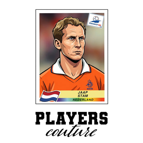 Jaap Stam World Cup Sticker Men's T-Shirt – white close-up detail shot of the Jaap Stam Players Couture logo design