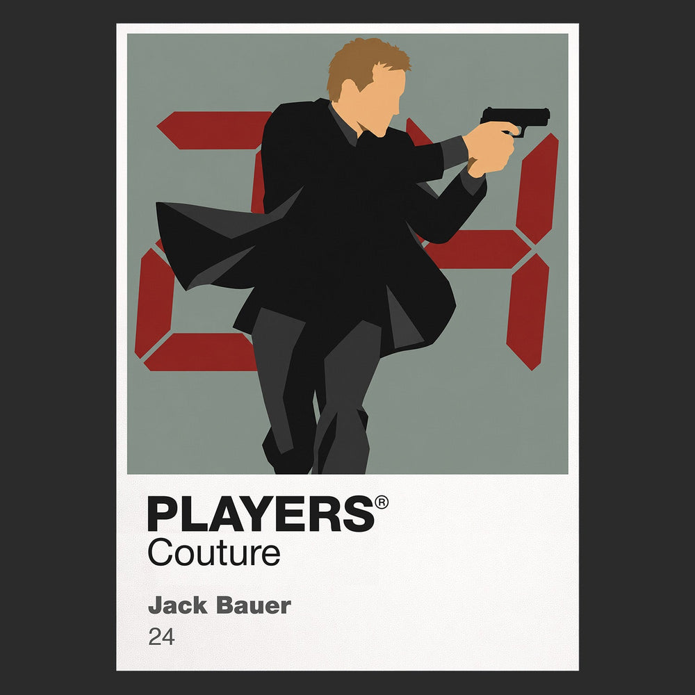 Jack Bauer Jack Bauer with tactical shoulder bag and pistol against the ticking digital clock Icon Frame artwork in black