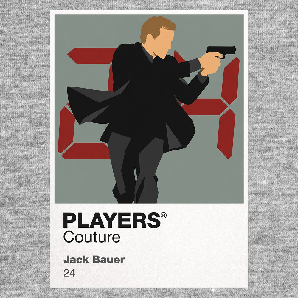 Jack Bauer Jack Bauer with tactical shoulder bag and pistol against the ticking digital clock Icon Frame artwork in grey