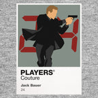 Jack Bauer Jack Bauer with tactical shoulder bag and pistol against the ticking digital clock Icon Frame artwork in grey