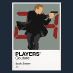 Jack Bauer Jack Bauer with tactical shoulder bag and pistol against the ticking digital clock Icon Frame artwork in navy