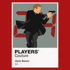 Jack Bauer Jack Bauer with tactical shoulder bag and pistol against the ticking digital clock Icon Frame artwork in red