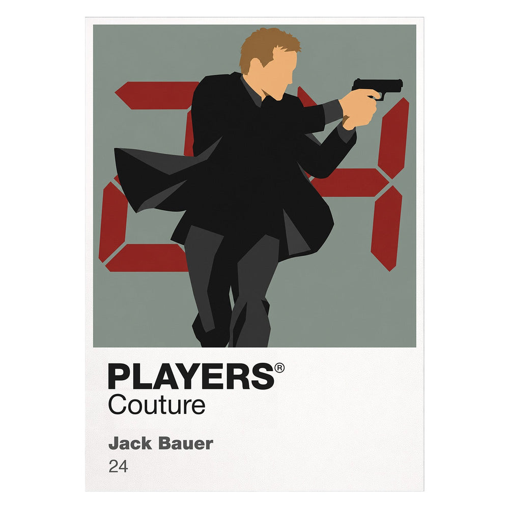 Jack Bauer Jack Bauer with tactical shoulder bag and pistol against the ticking digital clock Icon Frame artwork on white