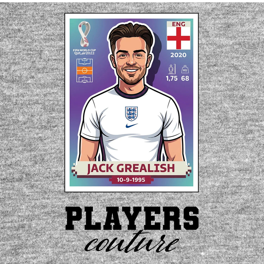 Jack Grealish World Cup Sticker Men's T-Shirt – grey close-up detail shot of the Jack Grealish World Cup Players Couture