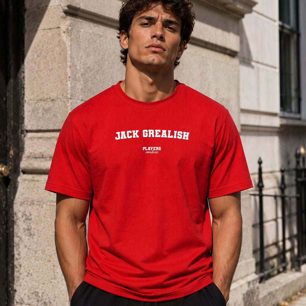 Jack Grealish Men's T-Shirt — lifestyle photo, Red t-shirt