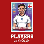 Jack Grealish World Cup Sticker Men's T-Shirt – red close-up detail shot of the Jack Grealish World Cup Players Couture logo