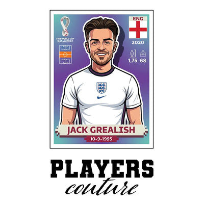Jack Grealish World Cup Sticker Men's T-Shirt – white close-up detail shot of the Jack Grealish Players Couture logo design