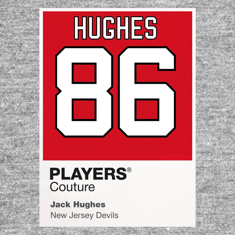 Jack Hughes 86 Jersey Frame Men's T-Shirt – grey close-up detail shot of the Jack Hughes 86 Players Couture logo design