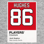 Jack Hughes 86 Jersey Frame Men's T-Shirt – grey close-up detail shot of the Jack Hughes 86 Players Couture logo design