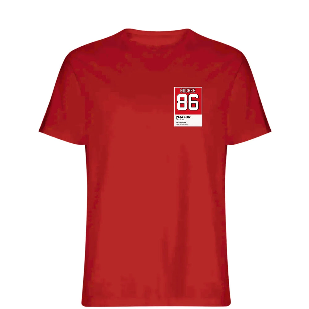 Jack Hughes 86 t-shirt – red men's t-shirt featuring the Jack Hughes 86 Players Couture logo