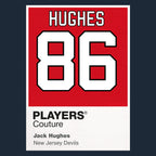 Jack Hughes 86 Jersey Frame Men's T-Shirt – navy close-up detail shot of the Jack Hughes 86 Players Couture logo design