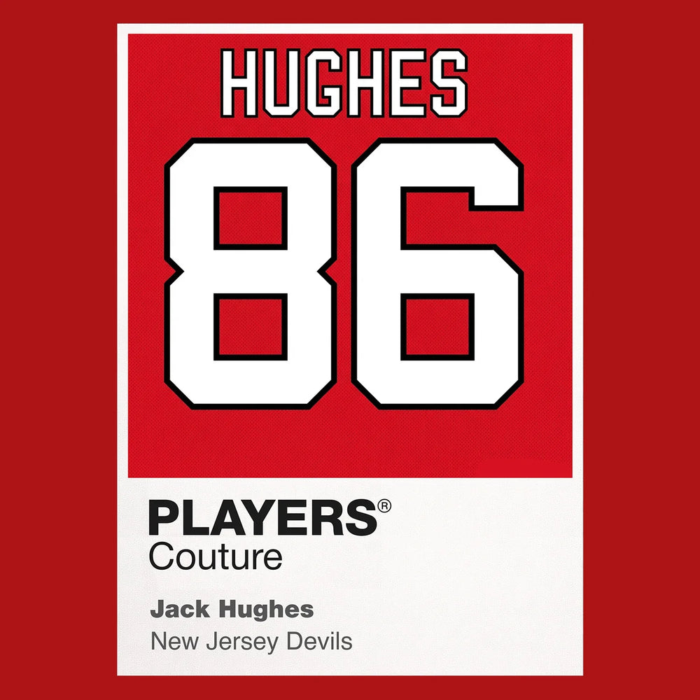 Jack Hughes 86 Jersey Frame Men's T-Shirt – red close-up detail shot of the Jack Hughes 86 Players Couture logo design