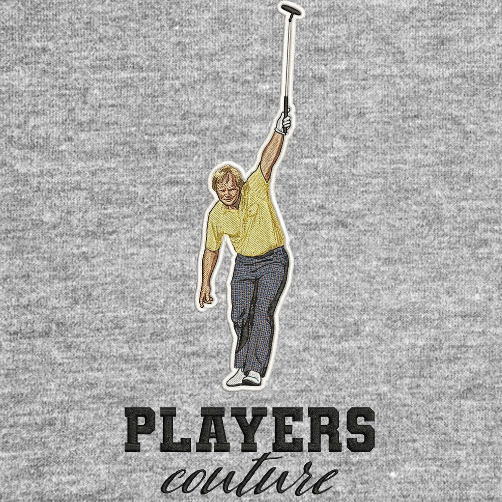 Jack Nicklaus Badge Men's T-Shirt – grey close-up detail shot of the Jack Nicklaus Players Couture logo design