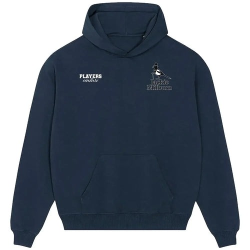 Jackie Milburn hoodie – navy men's hoodie featuring the Jackie Milburn Players Couture logo